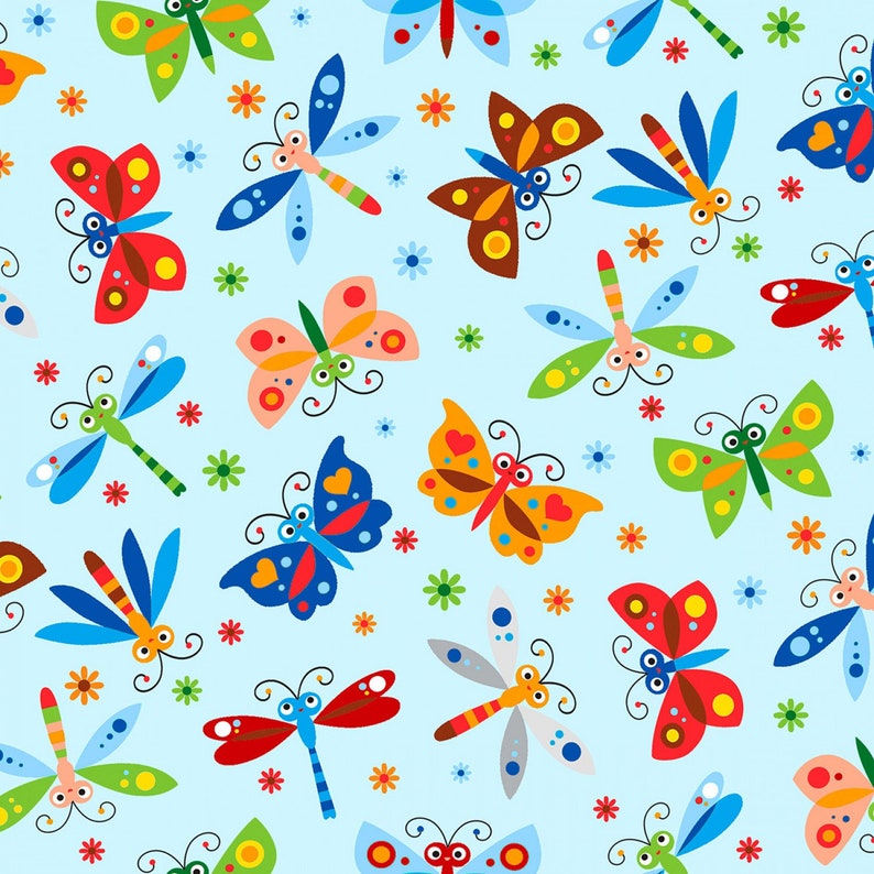 Dragonfly Fabric Nature Fabric Blue Happy Folk Flannel Etsy