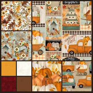 May include: A digital collage featuring a fall theme with pumpkins, gourds, leaves, birds, and a truck. The text "Welcome Fall" and "Gather" are featured in the collage. The collage is made up of various patterns and textures.