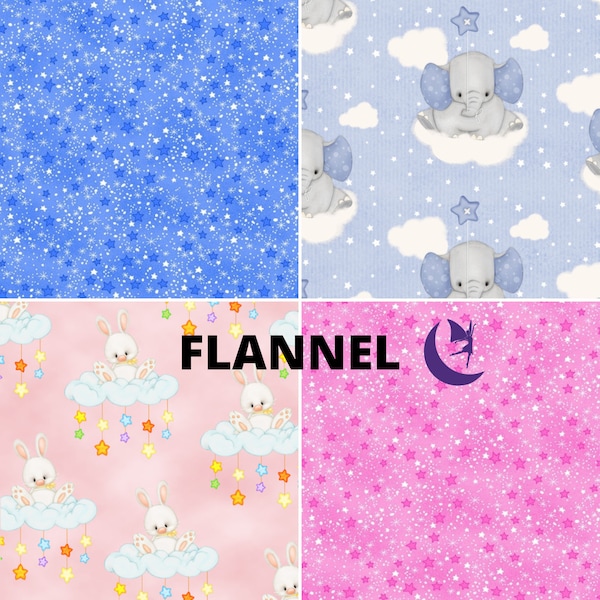 AE Nathan Celestial Comfy Flannel by the yard, Pink or Blue Stars, Bunnies on Clouds or Elephants on Clouds, Rag Quilt Flannel,