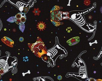 Day of the Dead Fabric by the Yard, Timeless Treasures Day of the Dead Pups, Skeleton Dog Fabric perfect for Halloween