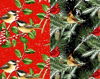 FLANNEL Fabric, Snow Bird Collection by Henry Glass Cardinals on Branches or Chickadees on Red, Christmas Fabric,  winter fabric