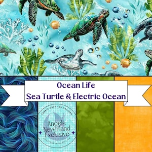 Ocean Life Fabric by Timeless Treasures, Nautical Fabric Bundle, 1/2 yard Bundled fabric with sea turtles, 100% Quilting Cotton Fabric