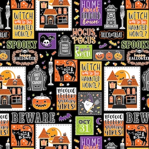 May include: A Halloween-themed fabric with a black background featuring various rectangular designs. These designs include haunted houses, pumpkins, ghosts, cats, and phrases like "Witch way to the haunted house?" and "Happy Halloween."