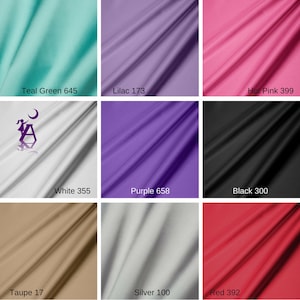 May include: Nine fabric swatches in various colors, including teal green, lilac, hot pink, white, purple, black, taupe, silver, and red. Each swatch has a color name and number printed on it.