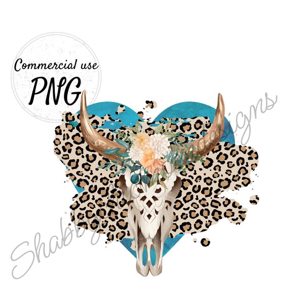 Png- Cow skull with leopard print and teal heart