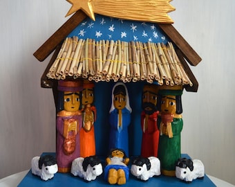 Nativity Scene/ folk Nativity/ hand carved/ wooden Nativity