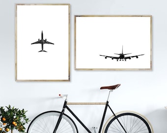 Plane Prints,Airplane Wall Art,Plane Landing,Plane Taking Off,Set Of 2,Transport,Photography,Black & White,Poster,Decor,Printable,Minimalist
