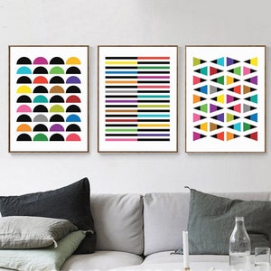 Geometric Wall Prints,Modern Abstract Art,Printable Wall Art,Set Of 3,Mid Century,Colourful,Bright,Multicolor,Decor,Posters,Digital Download