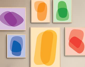 Abstrakte Wandkunst, Set mit 6 Drucken, bunt, modern, Wohnkultur, Poster, Kunstwerke, bedruckbar, Regenbogenfarben, Rot, Grün, Lila, Gelb, Blau, Orange