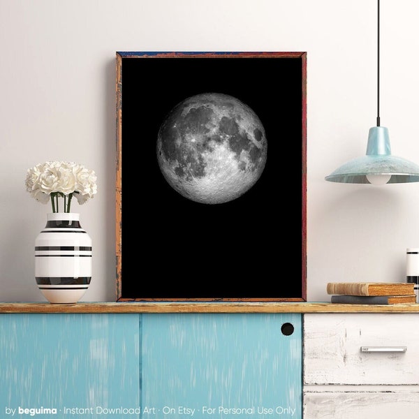 Mond Wandkunst, Mond Drucke, Mond Fotografie, Vollmond, Schlafzimmer Dekor, druckbare Wandkunst, Mond Bild, schwarz weiß Foto, digitaler Download