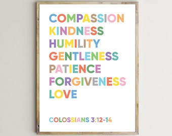 Bible Verse Wall Art,Christian Print,Colossians 3:12-14,Printable Scriptures Poster,Kids,Nursery,Classroom Decor,Text,Quote,Digital Download