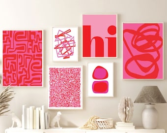 Abstrakte Kunst,Rot,Pink,Poster,Set 6 Drucke,Poster,Hi,Gallery Wall,Modern,Home Decor,druckbare Wandkunst,zeitgenössisch,Wohnzimmer,Digital,Herunterladen