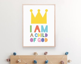 Ich bin ein Kind Gottes, Bibelversdruck, christliche Schrift, Kinderzimmerdekor, Zitate für Kinder, druckbare Wandkunst, Krone, bunt, digitaler Download