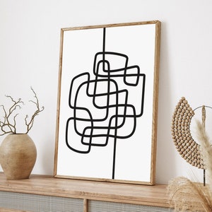 Abstrakcyjna sztuka ścienna, Czarno-biały wydruk artystyczny, Minimalistyczny, Linie, Bazgroły, Zawijasy, Do druku, Nowoczesny, Plakaty, Wystrój wnętrz, Cyfrowy, Do pobrania