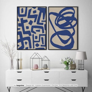 Arte abstrata moderna, conjunto de 2 impressões, azul marinho, bege, creme, arte abstrata neutra, decoração, arte de parede para impressão, grande, díptico, pincelada, download