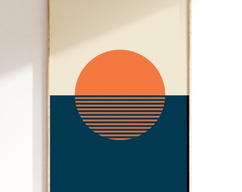 Sunset Prints,Sea Posters,Ocean Wall Art,Sunrise Print,Orange Sun,Geometric,Abstract,Landscape,Printable,Home Decor,Modern,Minimal,Navy Blue