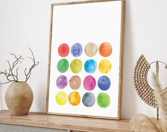 Arte abstrata moderna, impressão em aquarela multicolorida, arte de parede colorida para imprimir, círculos, bolinhas, decoração para casa, pôsteres digitais com estética infantil.