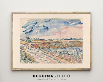 Landschaftsdruck, Vintage Wandkunst, Landschaft, Antiquität, Aquarell, Landschaftsmalerei, bedruckbar, ländlich, horizontal, Bauernhaus, Wanddekoration