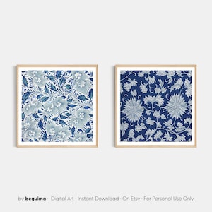 Blue Wall Art,Set Of 2 Flower Prints,Printable Botanical Art,Retro Floral Art,Vintage Decor,Blue Posters,Aesthetic Print,Digital Download