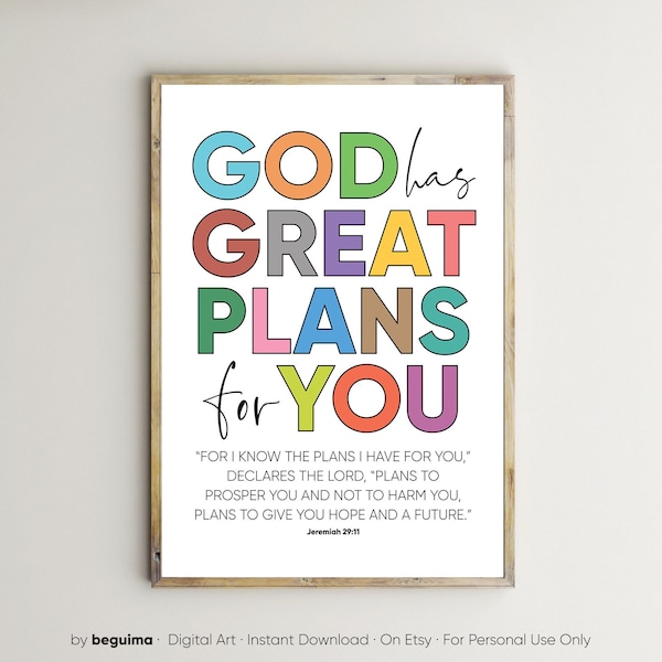 God Has Great Plans For You,For I Know The Plans I Have For You,Jeremiah 29:11,Bible Verse Wall Art,Kids,Christian Print,Classroom Decor