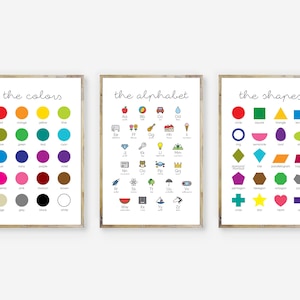 Classroom Decor Kids Educational Set Of 3 Prints Homeschool Posters Teacher Wall Art Printable Alphabet Colors Shapes Signs Digital Download