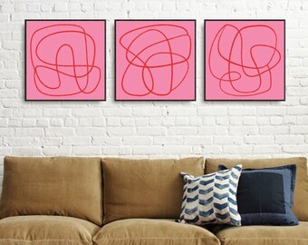 Pink Wall Art,Minimalist Line Art,Print Set,Modern Art,Abstract Art Prints,Red,Wall Decor,Printable Art Posters,Scribble,Artworks,Download
