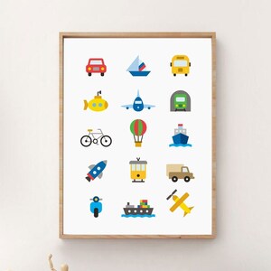 May include: A framed print featuring colorful illustrations of various vehicles, including a red car, yellow submarine, and blue scooter. The artwork is displayed on a white background with a wooden frame, perfect for a child's room.