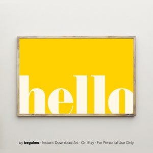 Hola impresión, letrero de entrada, amarillo, arte de la pared, cartel, bienvenida, imprimible, tipografía, oficina, guardería, niños, sala de juegos, decoración del hogar, sala de estar, descargar