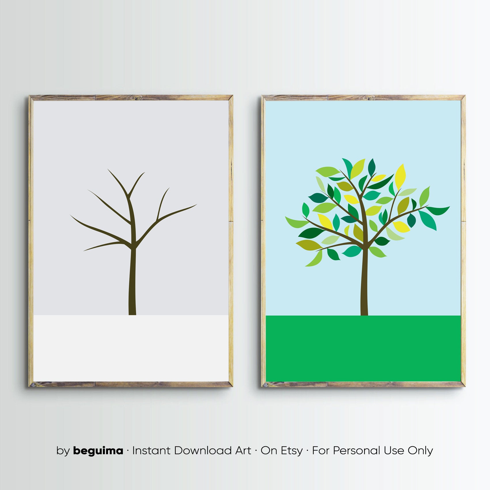 Set Of 2 Botanical Prints Tree Wall Art Landscape Illustration Four Seasons Winter Spring Printable Poster Nursery Diptych Digital Download