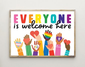 Impresiones sobre igualdad, decoración del aula, maestros, diversidad, arte de pared imprimible, racismo, poder femenino, inclusión, póster, niños, homosexuales, aquí todos son bienvenidos