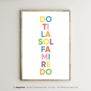 May include: A printable wall art design featuring the word "FAMILY" spelled out vertically using the musical notes of the solfege scale. The notes are displayed in a rainbow color scheme, with each letter in a different color.