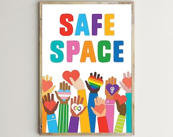 May include: A colorful poster with the words "SAFE SPACE" in rainbow letters.  The poster features a variety of hands reaching up with hearts in different colors and symbols, including a rainbow heart, a heart with a peace sign, and a heart with a female symbol.