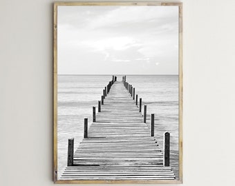 Muelle de madera, impresiones marinas, arte de la pared del océano, fotografía de paisaje, embarcadero de madera, arte de pared imprimible, foto en blanco y negro, cartel del mar, descarga digital