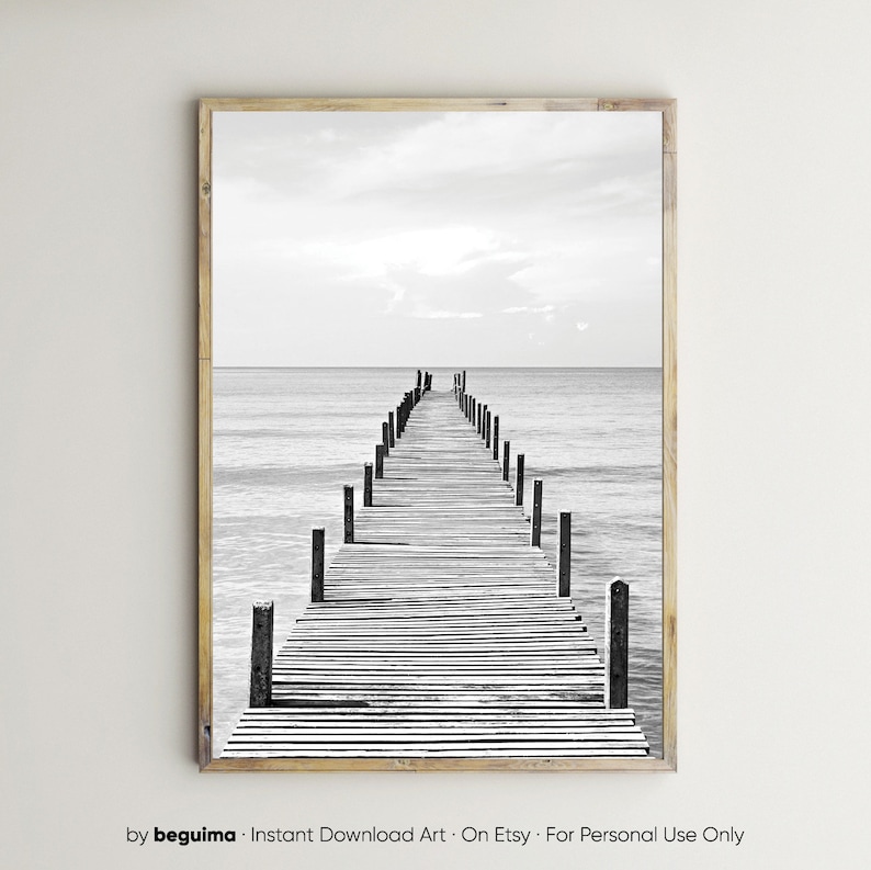Wooden Pier,Sea Prints,Ocean Wall Art,Landscape Photography,Wood Jetty,Printable Wall Art,Black & White Photo,Sea Poster,Digital Download image 1