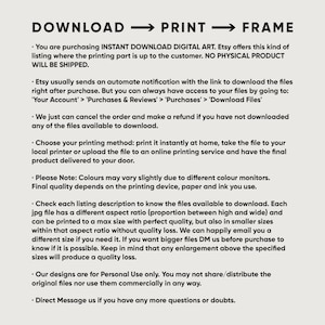 Puede incluir: Instrucciones de texto para descargar, imprimir y enmarcar arte digital. El texto explica que el comprador est&aacute; adquiriendo un archivo digital y que la impresi&oacute;n corre a cargo del cliente. El texto tambi&eacute;n incluye informaci&oacute;n sobre el formato del archivo, la relaci&oacute;n de aspecto y el tama&ntilde;o. El texto tambi&eacute;n incluye informaci&oacute;n sobre el uso de los archivos, indicando que son para uso personal &uacute;nicamente.