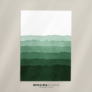 May include: A watercolor print featuring horizontal bands of varying shades of green, transitioning from light to dark. The top portion is white. The bottom of the print includes the text "BEGUIMA STUDIO" and "download -> print".