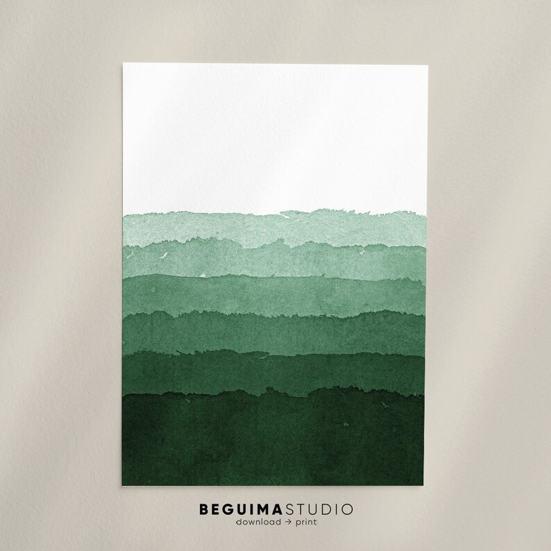 May include: A watercolor print featuring horizontal bands of varying shades of green, transitioning from light to dark. The top portion is white. The bottom of the print includes the text "BEGUIMA STUDIO" and "download -> print".