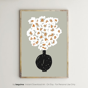 Estampados florales, margaritas, botánico, arte mural imprimible, ramo de flores, floral, póster, decoración bohemia, ilustración, colores neutros, jarrón, abstracto