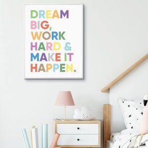 May include: A motivational quote in a colorful rainbow font on a white background. The quote reads "DREAM BIG, WORK HARD & MAKE IT HAPPEN."