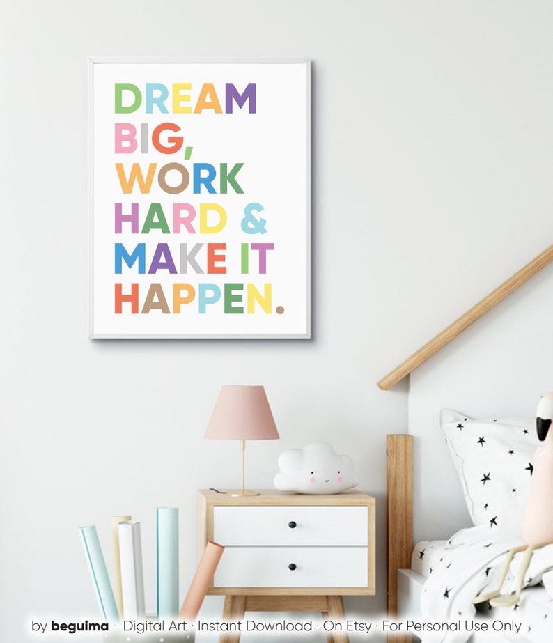 May include: A motivational quote in a colorful rainbow font on a white background. The quote reads "DREAM BIG, WORK HARD & MAKE IT HAPPEN."