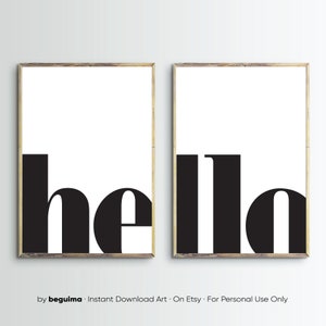 Hello Wall Art, poster di benvenuto, stampe di benvenuto, tipografia, cartello d&#39;ingresso, arredamento per ufficio, set di 2, doppio, stampabile, pulito, moderno, audace, download digitale