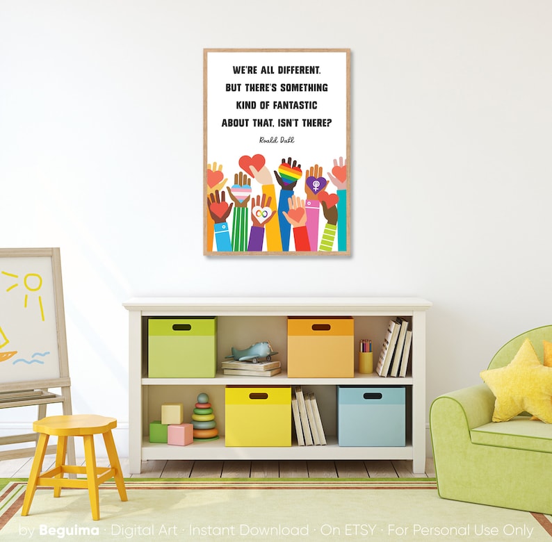 May include: A colorful digital art print with a quote by Roald Dahl: "We're all different. But there's something kind of fantastic about that, isn't there?" The print features a group of hands with different colored skin tones and symbols of diversity, including hearts, peace signs, and infinity symbols.