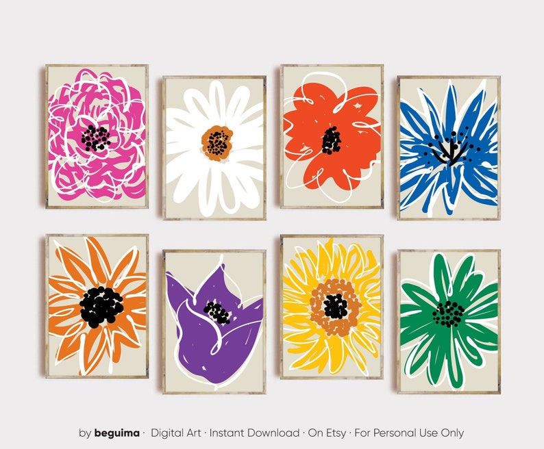 May include: Set of eight digital art prints featuring colourful abstract flower illustrations. The flowers are drawn in a simple, modern style and are set against a beige background.