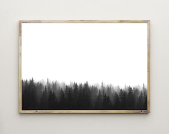 Forest Print,Landscape Wall Art,Line Of Trees,Woodland,Woods,Foggy,Fog,Nature Photography,Poster,Black White Photo,Printable,Decor,Download