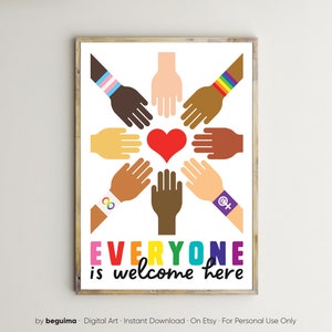 Impresiones de igualdad, diversidad, decoración del aula, profesor, arte de pared imprimible, racismo, poder femenino, inclusión, cartel, niños, gay, todos son bienvenidos aquí