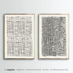 Conjunto de arte de parede abstrata moderna com 2 impressões neutras estéticas, bege, creme, pôsteres imprimíveis em preto e branco, decoração de sala de estar, downloads digitais