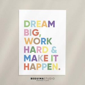 May include: A motivational quote in a colorful typography design. The quote reads "Dream Big, Work Hard & Make It Happen."