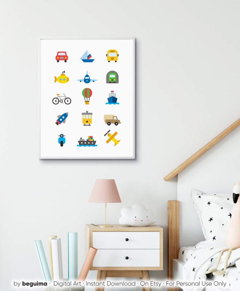 May include: A framed print featuring colorful illustrations of various vehicles, including a red car, yellow submarine, and blue scooter. The artwork is designed with a minimalist style, perfect for a child's room or nursery.