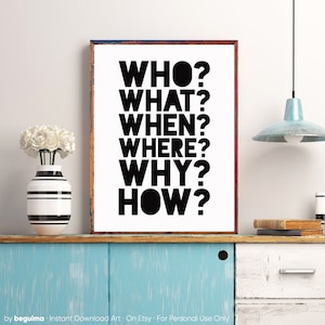 Who,what,when,where,why,how,five Ws,questions,query,educational Prints ...
