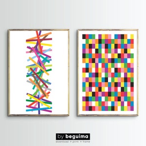 Colorful Aesthetic Abstract Wall Art,Set Of 2 Prints,Geometric Art Posters,Printable Modern Trendy Wall Decor,Checkered Art,Digital Download